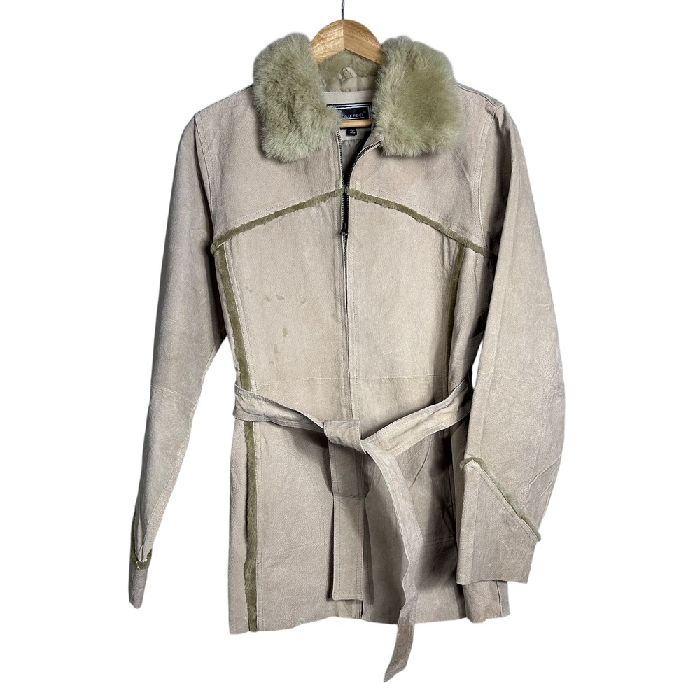 Leather Fur Collar Belted Jacket Tan Women's Size L y2k glam peacoat indie fairy